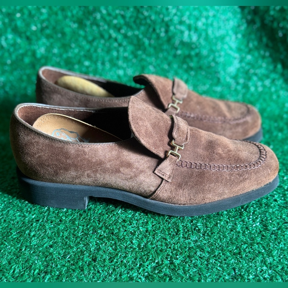 Vintage Mens Rockabilly Retr Hush Puppies Caramel Brown Suede Loafers Size 8.5